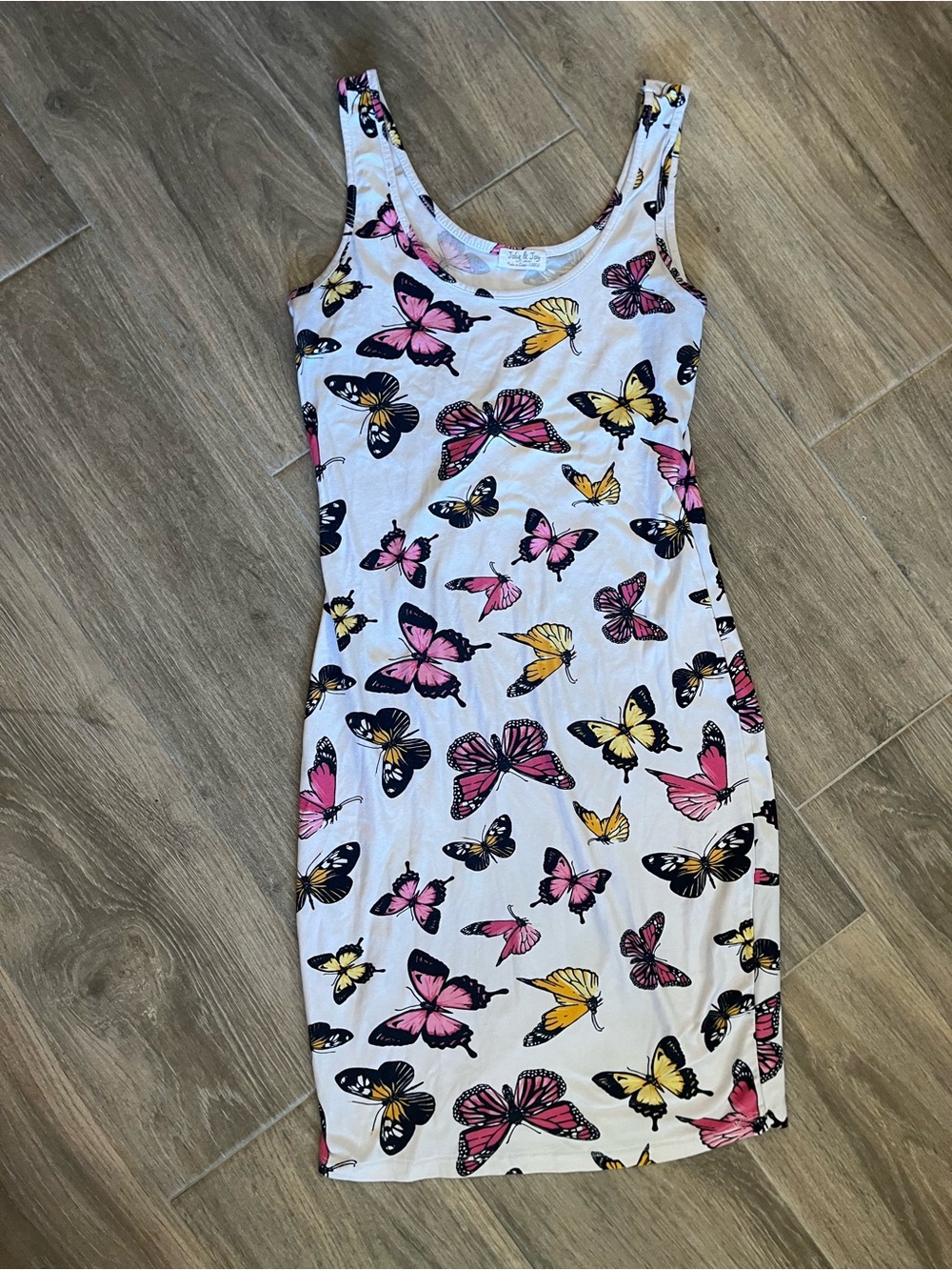 Sleeveless Butterfly-Print Mini Dress in White with Pink & Yellow Accents